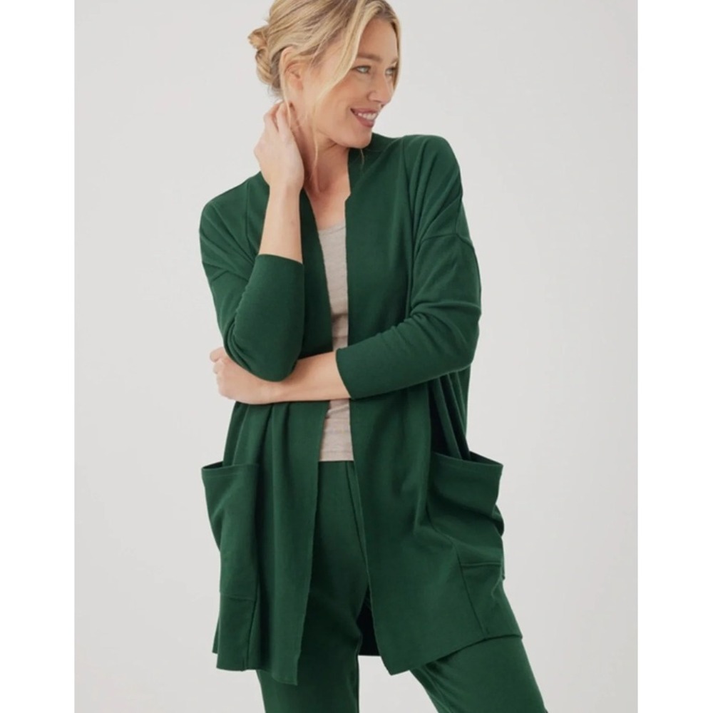 Pact Organic Cotton Airplane Cardigan Size M/L Green Open Front Pockets Capsule